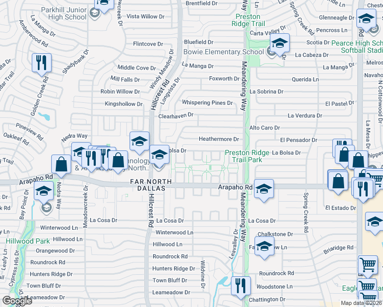 map of restaurants, bars, coffee shops, grocery stores, and more near 15711 Havenrock Circle in Dallas