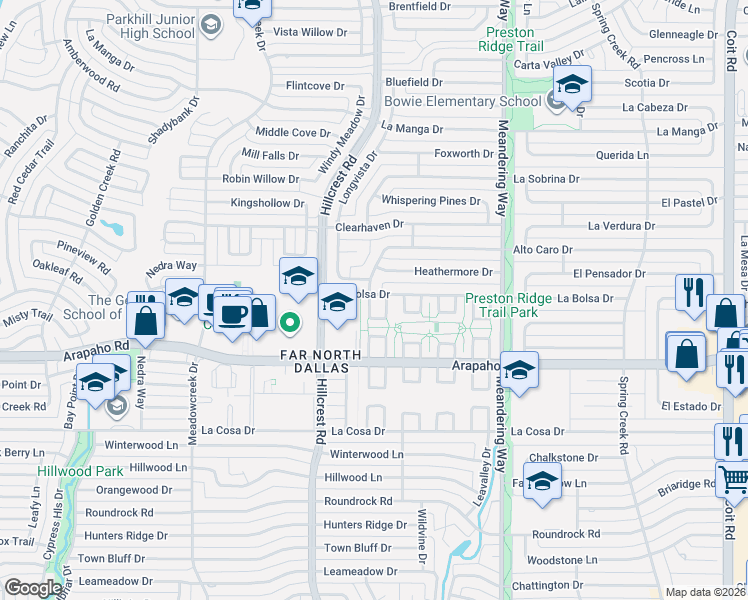 map of restaurants, bars, coffee shops, grocery stores, and more near 15715 Daleport Circle in Dallas