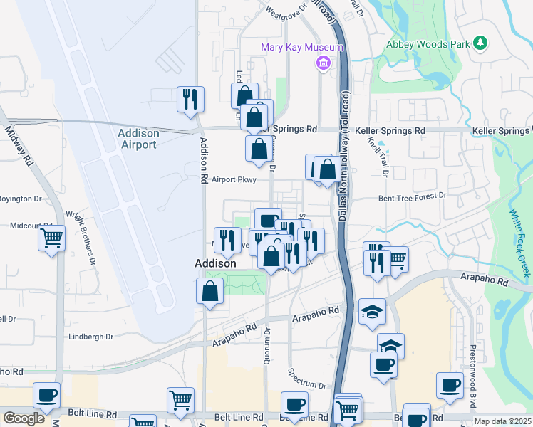 map of restaurants, bars, coffee shops, grocery stores, and more near 15777 Quorum Drive in Addison