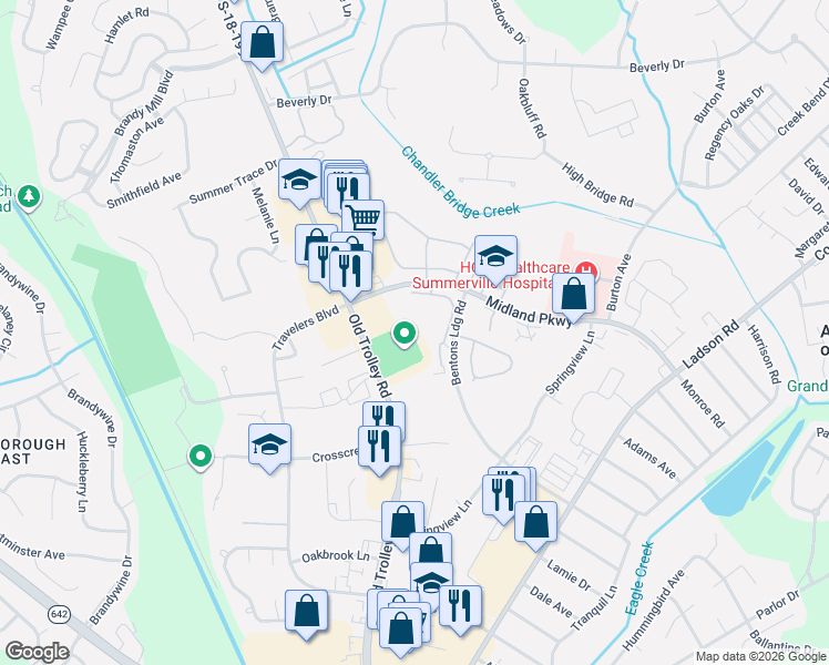 map of restaurants, bars, coffee shops, grocery stores, and more near 1645 Old Trolley Road in Summerville