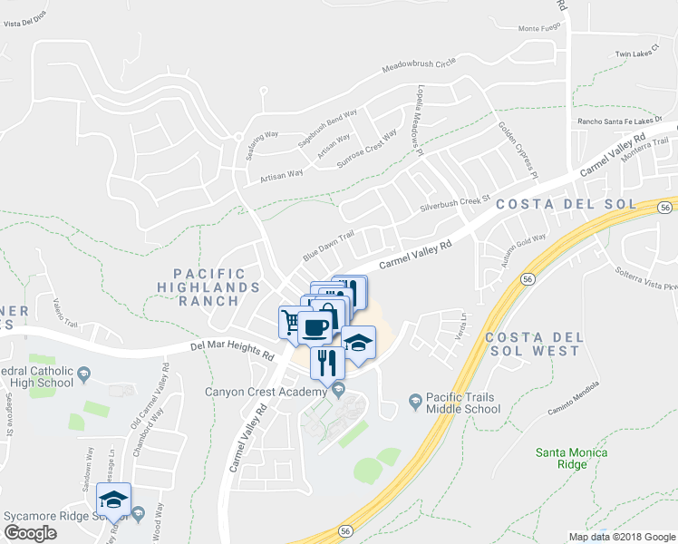 map of restaurants, bars, coffee shops, grocery stores, and more near 6073 Roselle Meadows Trail in San Diego