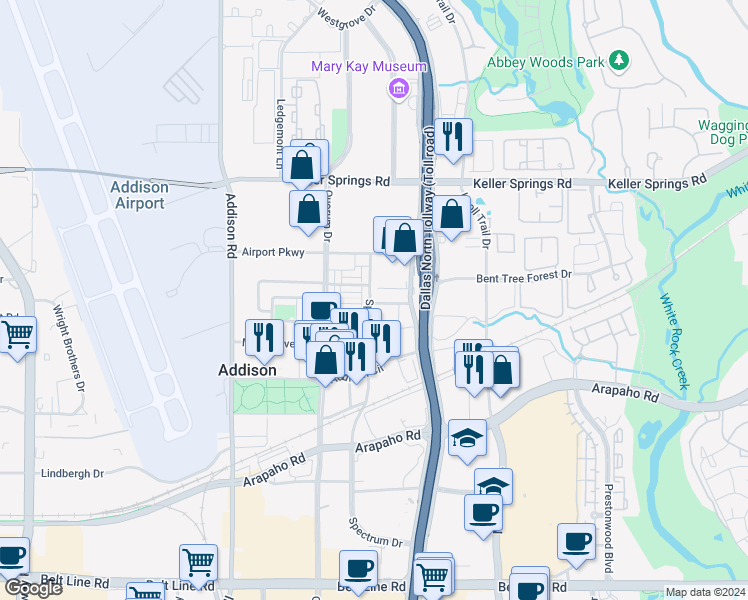 map of restaurants, bars, coffee shops, grocery stores, and more near 15800 Spruill Avenue in Addison