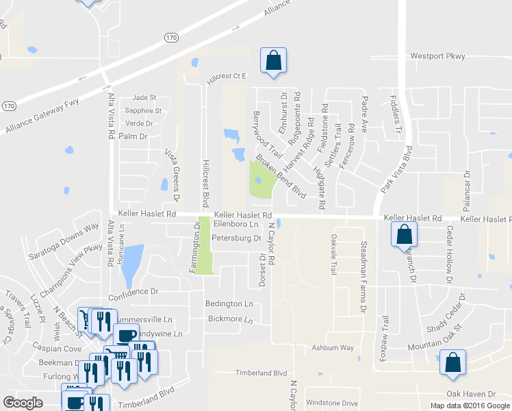 map of restaurants, bars, coffee shops, grocery stores, and more near Prairie Meadow Court in Fort Worth