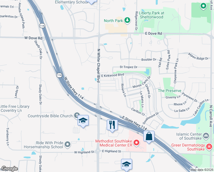 map of restaurants, bars, coffee shops, grocery stores, and more near 1801 North White Chapel Boulevard in Southlake