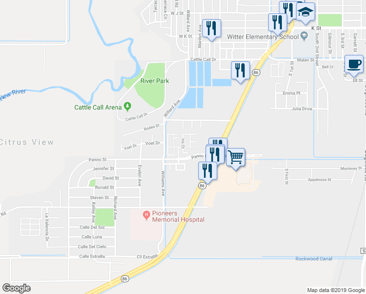 map of restaurants, bars, coffee shops, grocery stores, and more near Iris Lane in Brawley
