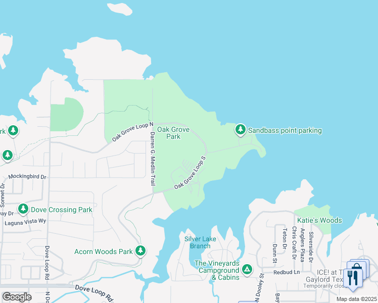map of restaurants, bars, coffee shops, grocery stores, and more near 2520 Oak Grove Park Road in Grapevine