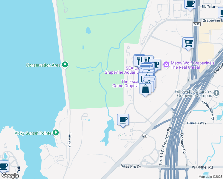 map of restaurants, bars, coffee shops, grocery stores, and more near 2149 Anderson Gibson Road in Grapevine