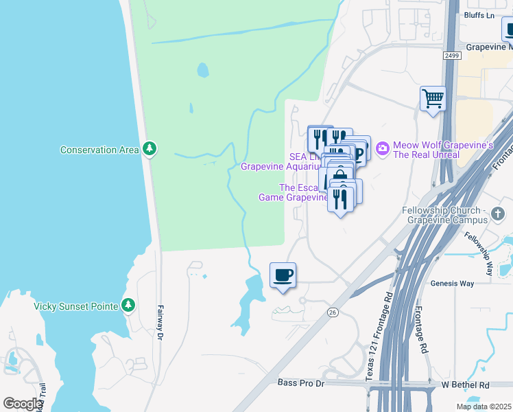 map of restaurants, bars, coffee shops, grocery stores, and more near 2149 Anderson Gibson Road in Grapevine