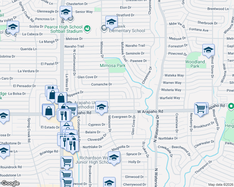 map of restaurants, bars, coffee shops, grocery stores, and more near 1234 Cheyenne Drive in Richardson