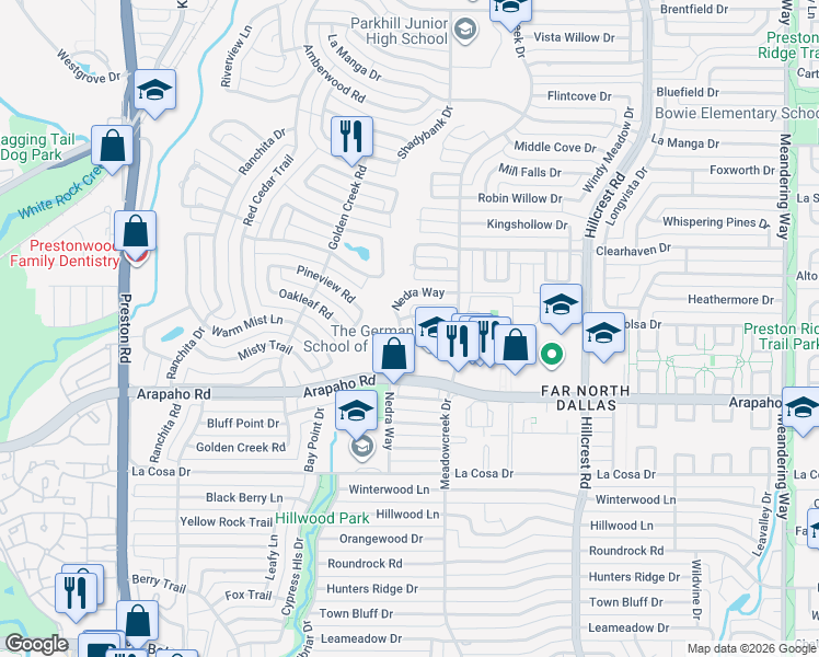 map of restaurants, bars, coffee shops, grocery stores, and more near 15724 Nedra Way in Dallas