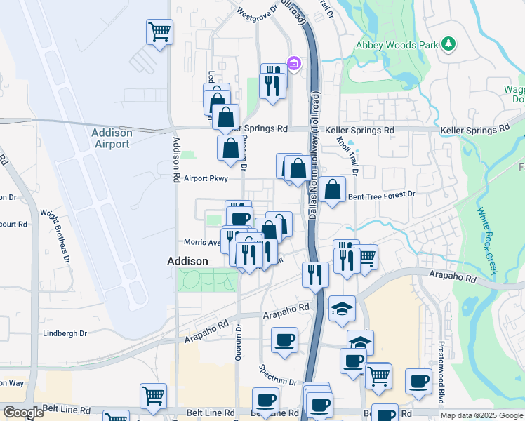 map of restaurants, bars, coffee shops, grocery stores, and more near 5021 Parkview Place in Addison
