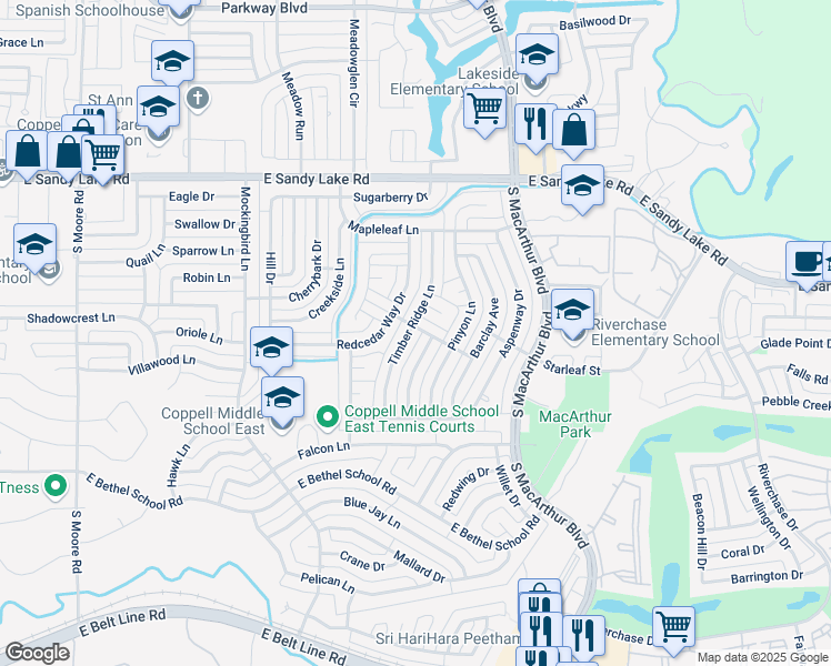 map of restaurants, bars, coffee shops, grocery stores, and more near 302 Pepperwood Street in Coppell
