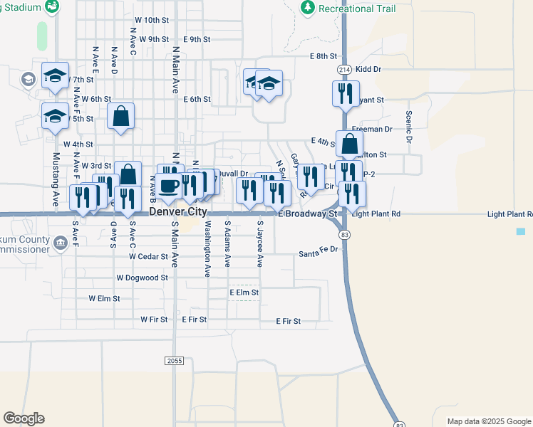 map of restaurants, bars, coffee shops, grocery stores, and more near 100 North Morningside Avenue in Denver City
