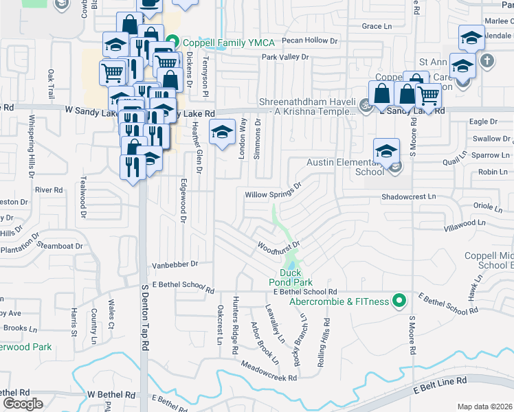 map of restaurants, bars, coffee shops, grocery stores, and more near 301 Willow Springs Court in Coppell