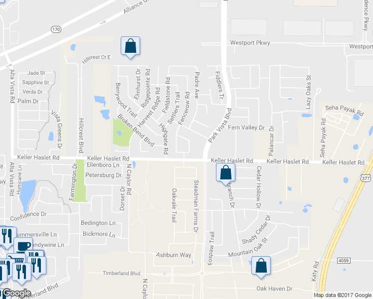 map of restaurants, bars, coffee shops, grocery stores, and more near 13000 Fencerow Road in Fort Worth