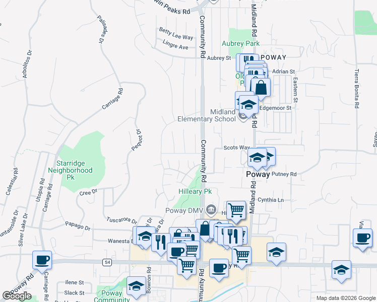 map of restaurants, bars, coffee shops, grocery stores, and more near 13803 Olive Mill Way in Poway