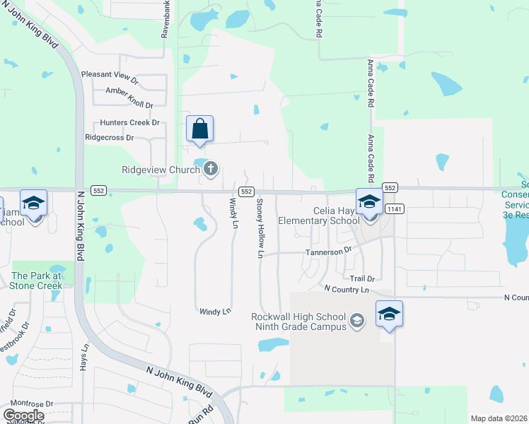 map of restaurants, bars, coffee shops, grocery stores, and more near 3090 Stoney Hollow Lane in Rockwall
