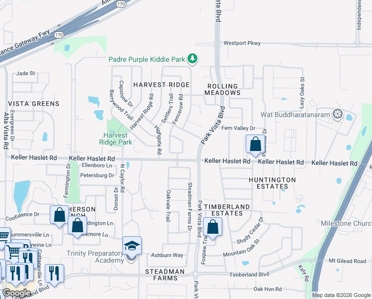 map of restaurants, bars, coffee shops, grocery stores, and more near 13005 Fencerow Road in Fort Worth