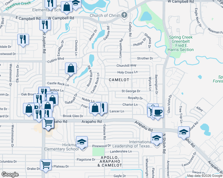 map of restaurants, bars, coffee shops, grocery stores, and more near 3001 Longbow Drive in Garland