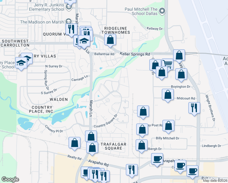 map of restaurants, bars, coffee shops, grocery stores, and more near 3420 Country Square Drive in Carrollton