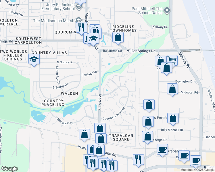 map of restaurants, bars, coffee shops, grocery stores, and more near 3560 Country Square Drive in Carrollton