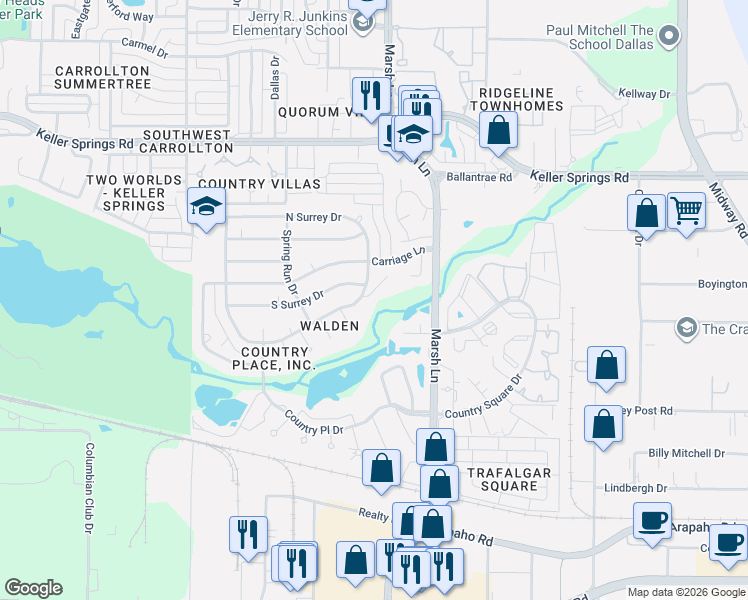 map of restaurants, bars, coffee shops, grocery stores, and more near 2799 Raintree Drive in Carrollton