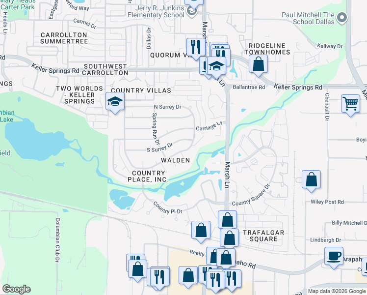 map of restaurants, bars, coffee shops, grocery stores, and more near 2900 Shady Lake Circle in Carrollton
