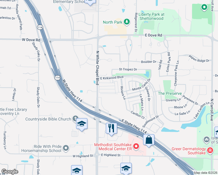 map of restaurants, bars, coffee shops, grocery stores, and more near 1801 North White Chapel Boulevard in Southlake