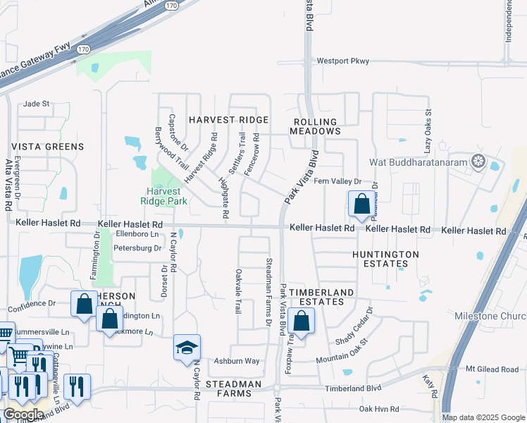 map of restaurants, bars, coffee shops, grocery stores, and more near 13005 Fencerow Road in Fort Worth