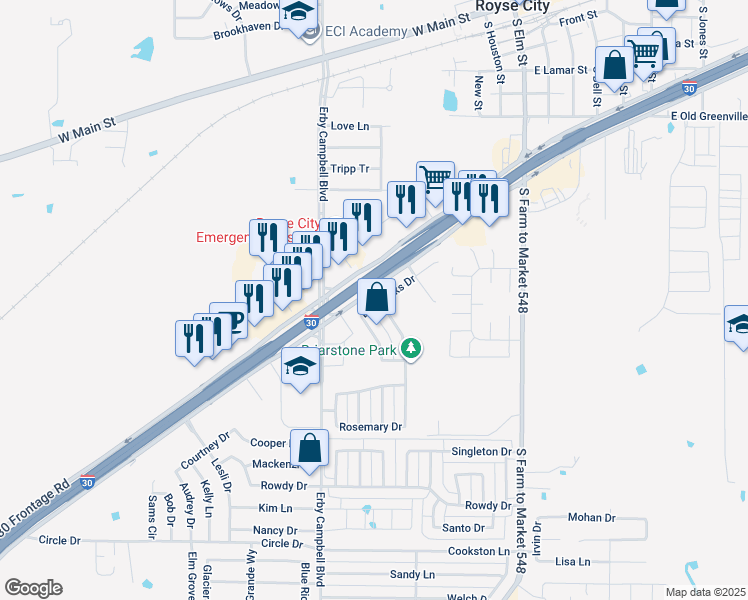 map of restaurants, bars, coffee shops, grocery stores, and more near 512 Briar Oaks Drive in Royse City