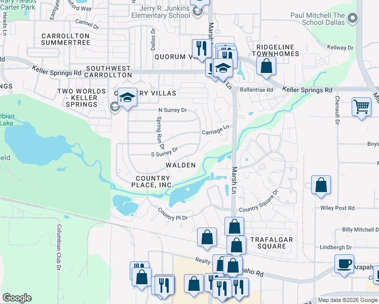 map of restaurants, bars, coffee shops, grocery stores, and more near 2900 Shady Lake Circle in Carrollton