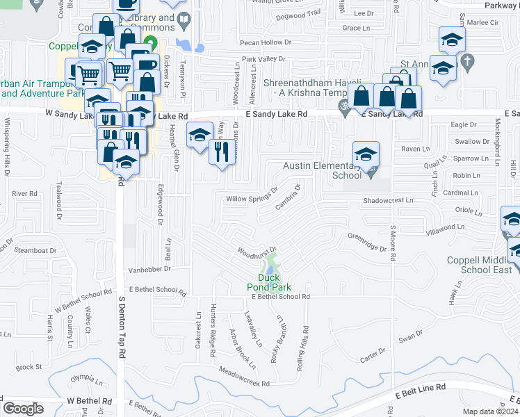 map of restaurants, bars, coffee shops, grocery stores, and more near in Coppell