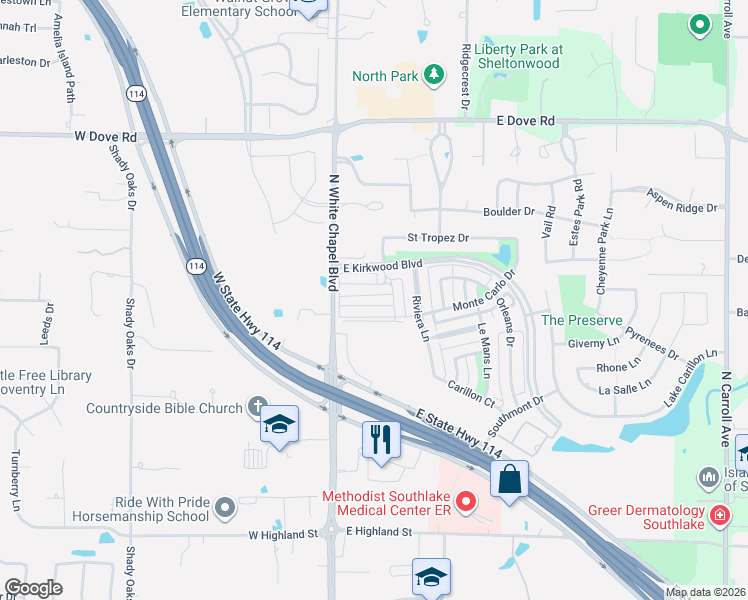 map of restaurants, bars, coffee shops, grocery stores, and more near 1801 North White Chapel Boulevard in Southlake