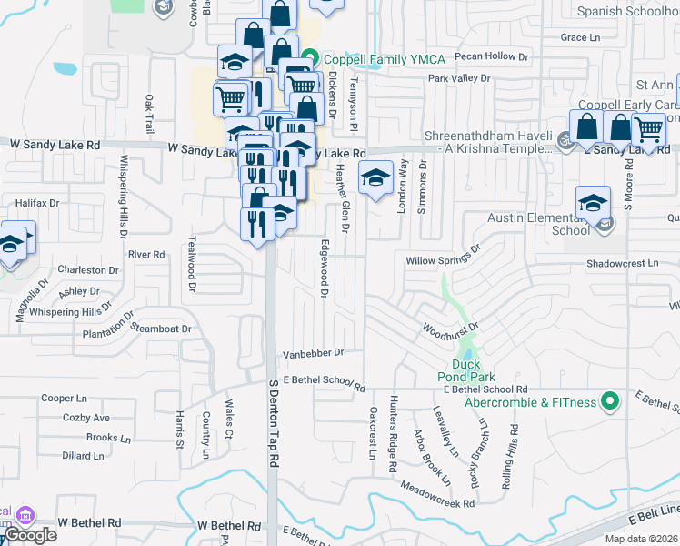 map of restaurants, bars, coffee shops, grocery stores, and more near 240 Heather Glen Drive in Coppell