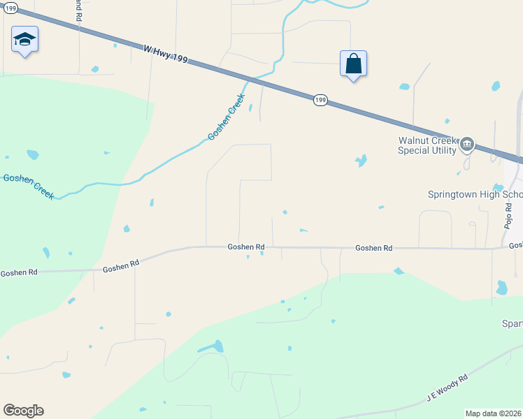 map of restaurants, bars, coffee shops, grocery stores, and more near 145 Springwood Ranch Loop in Springtown
