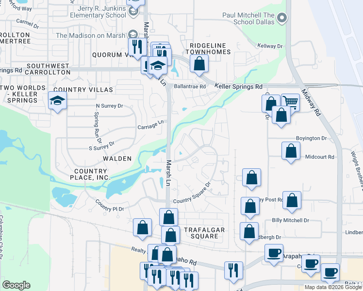 map of restaurants, bars, coffee shops, grocery stores, and more near 3560 Country Square Drive in Carrollton