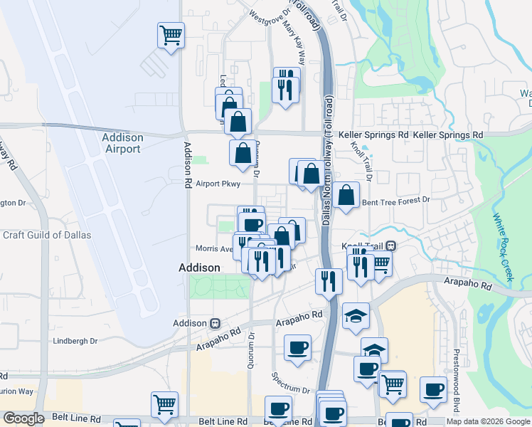 map of restaurants, bars, coffee shops, grocery stores, and more near 15838 Breedlove Place in Addison