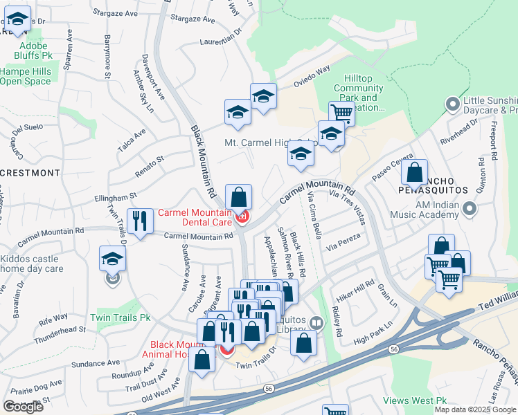 map of restaurants, bars, coffee shops, grocery stores, and more near 9330 Carmel Mountain Road in San Diego