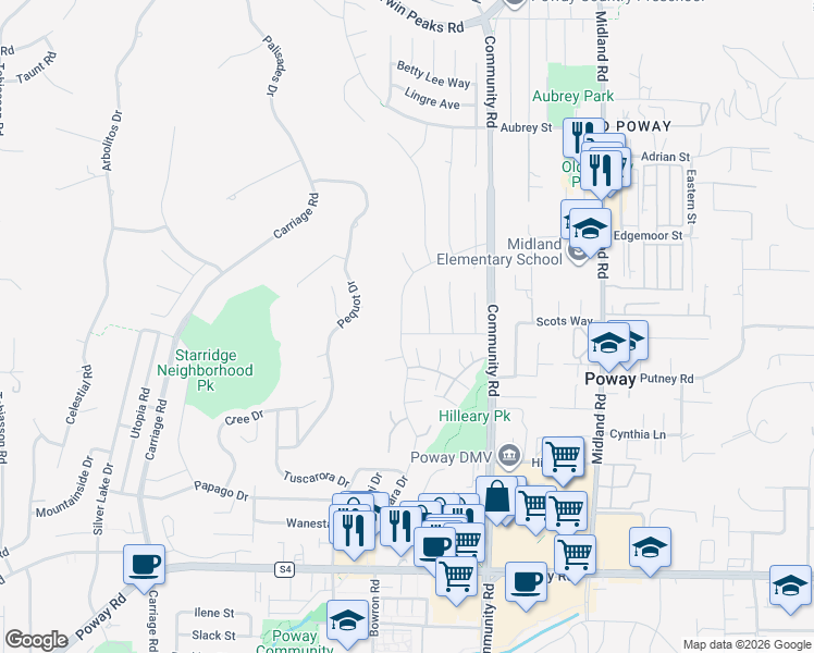 map of restaurants, bars, coffee shops, grocery stores, and more near 13218 Olive Grove Drive in Poway