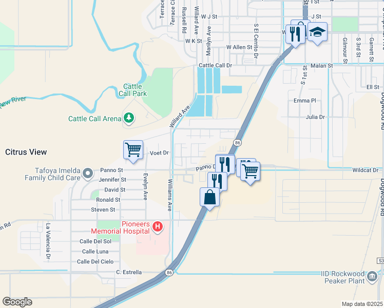 map of restaurants, bars, coffee shops, grocery stores, and more near Iris Lane in Brawley