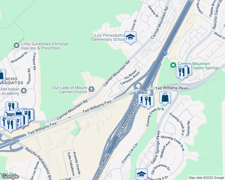 map of restaurants, bars, coffee shops, grocery stores, and more near 10421 Caminito Rimini in San Diego