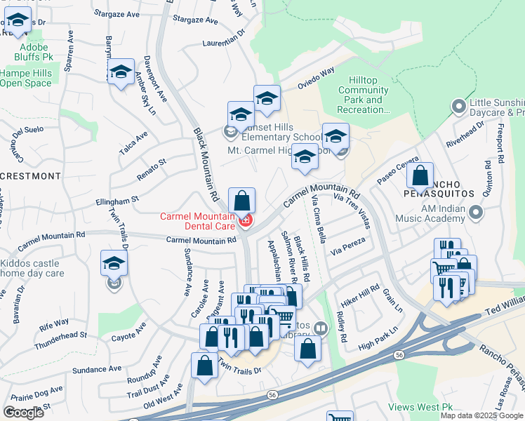 map of restaurants, bars, coffee shops, grocery stores, and more near 9330 Carmel Mountain Road in San Diego