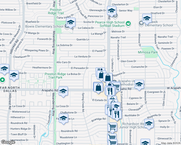map of restaurants, bars, coffee shops, grocery stores, and more near 15783 El Estado Drive in Dallas