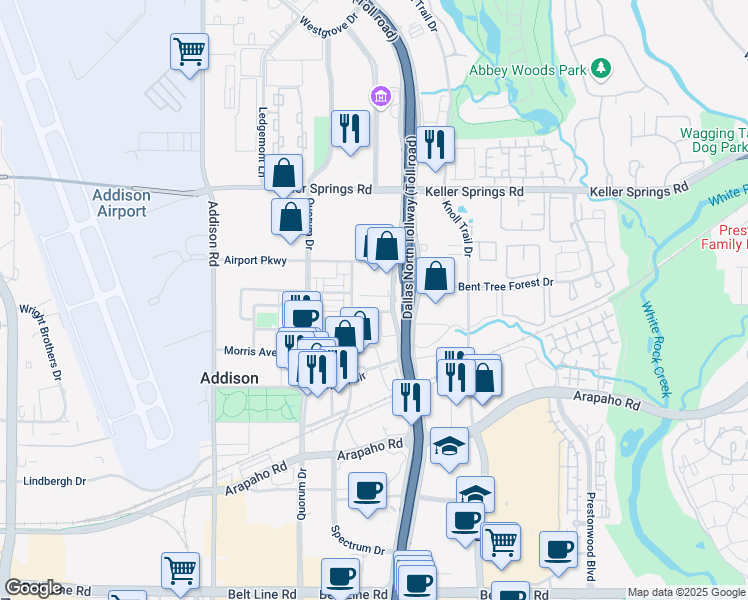 map of restaurants, bars, coffee shops, grocery stores, and more near 15800 Spruill Avenue in Addison