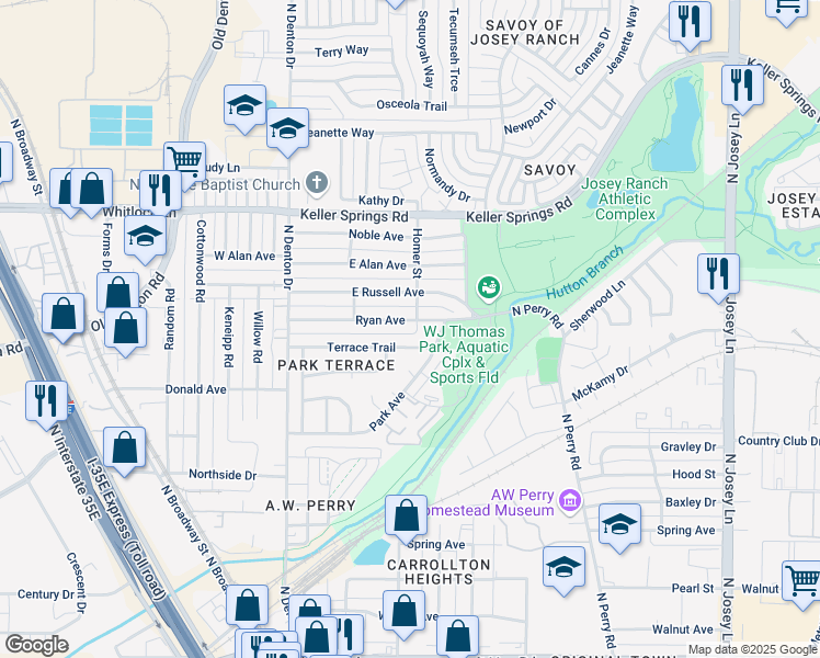 map of restaurants, bars, coffee shops, grocery stores, and more near 1105 Terrace Trail in Carrollton