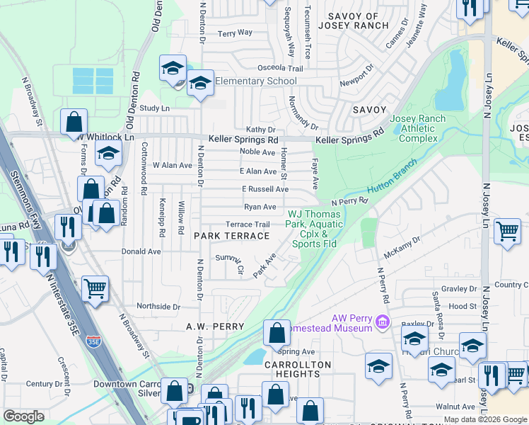 map of restaurants, bars, coffee shops, grocery stores, and more near 1105 Terrace Trail in Carrollton