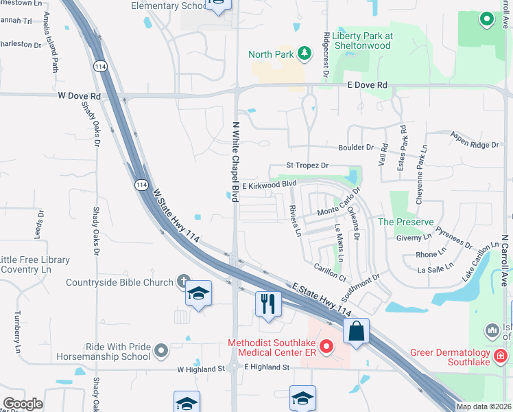 map of restaurants, bars, coffee shops, grocery stores, and more near 1801 North White Chapel Boulevard in Southlake
