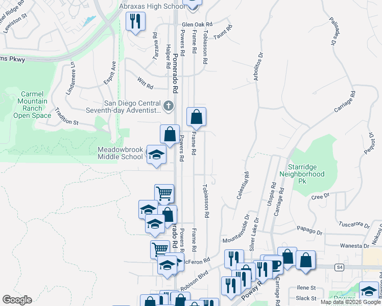 map of restaurants, bars, coffee shops, grocery stores, and more near 13751 Powers Road in Poway