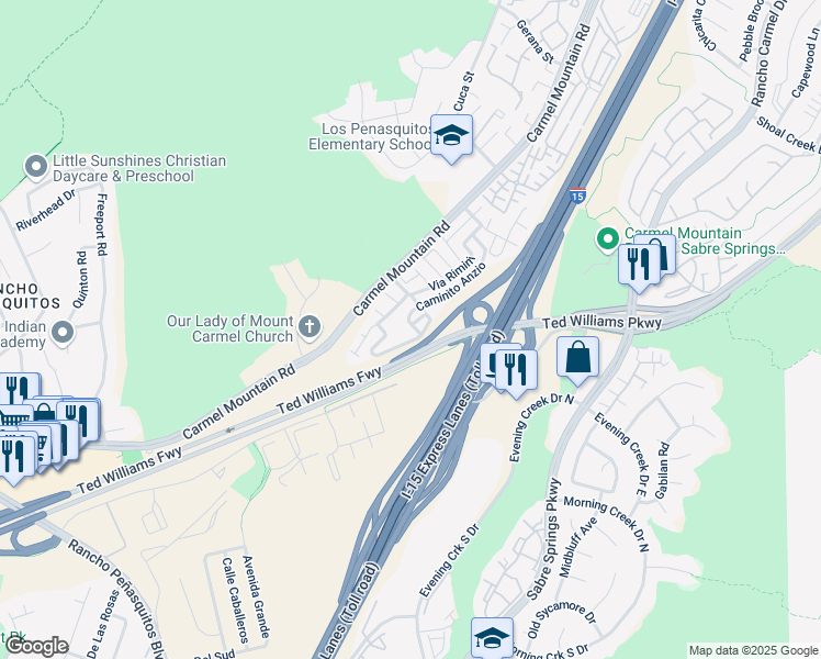 map of restaurants, bars, coffee shops, grocery stores, and more near 10454 Caminito Sulmona in San Diego