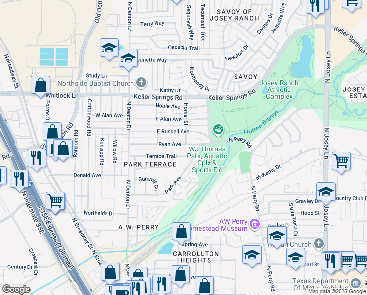 map of restaurants, bars, coffee shops, grocery stores, and more near 1105 Terrace Trail in Carrollton